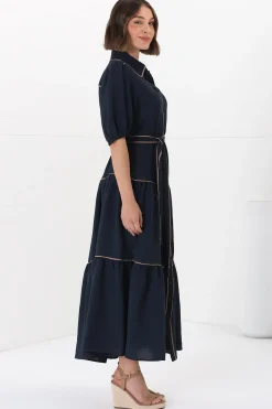 Valencia Maxi Dress - Collared Tiered Button Down Dress with Contrast Trim in Navy><noscript><img width=