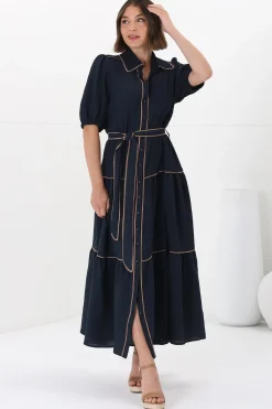 Valencia Maxi Dress - Collared Tiered Button Down Dress with Contrast Trim in Navy><noscript><img width=