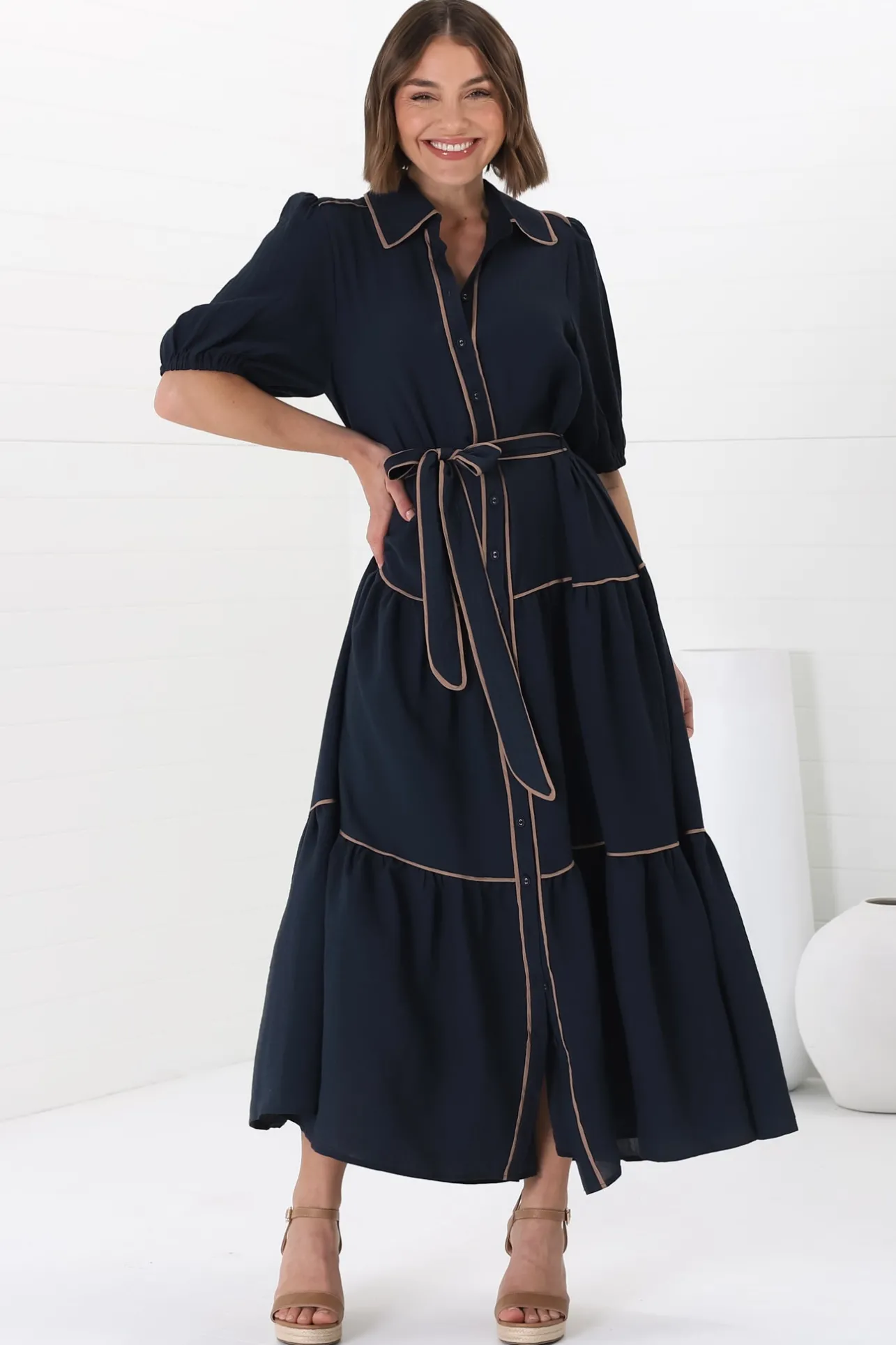 Valencia Maxi Dress - Collared Tiered Button Down Dress with Contrast Trim in Navy>Salty Crush Clearance