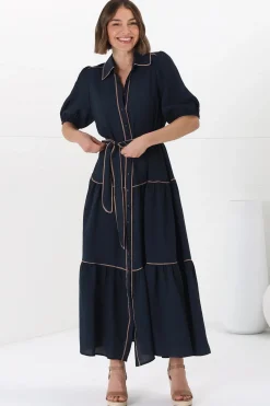 Valencia Maxi Dress - Collared Tiered Button Down Dress with Contrast Trim in Navy><noscript><img width=