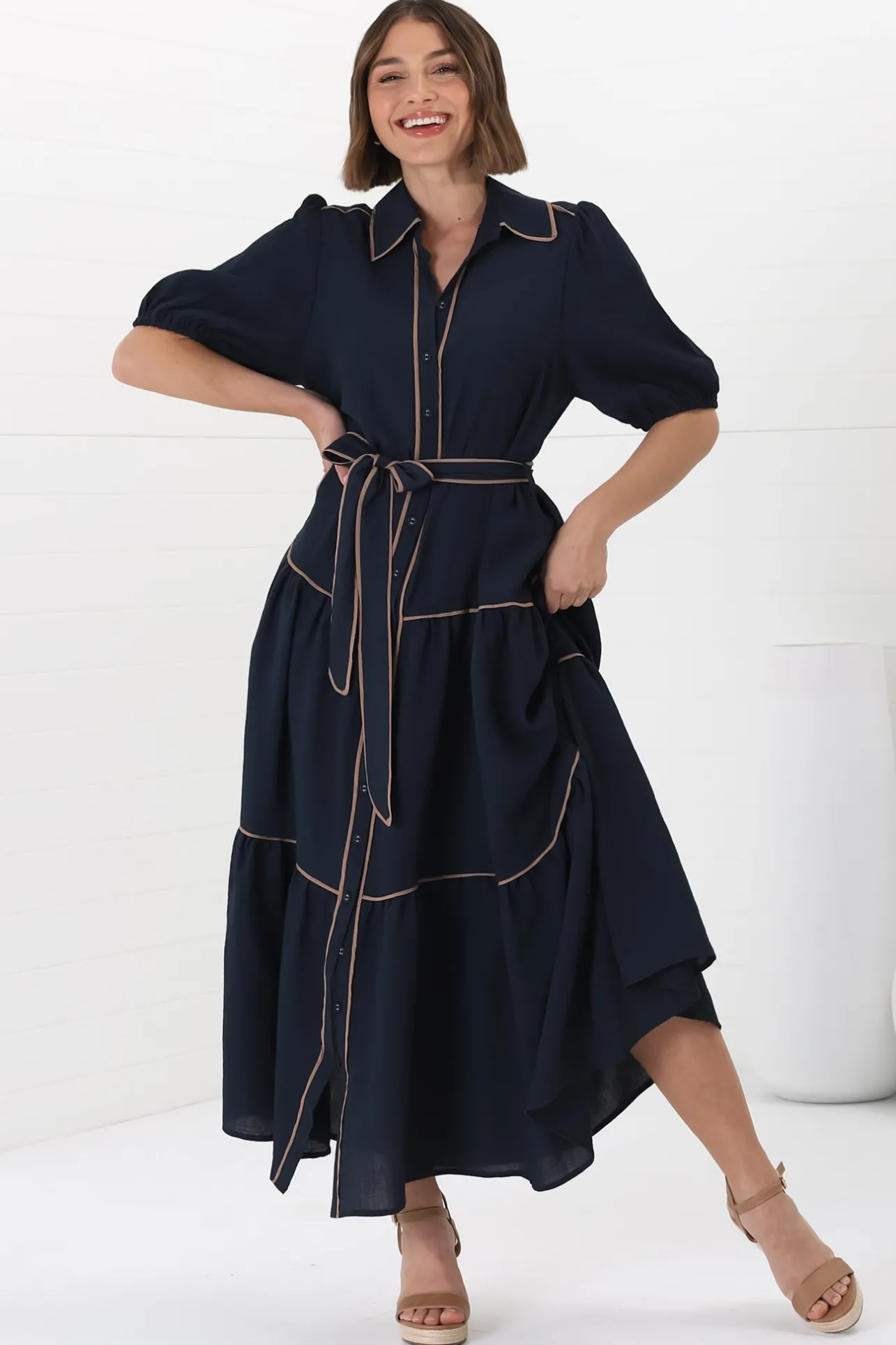 Valencia Maxi Dress - Collared Tiered Button Down Dress with Contrast Trim in Navy>Salty Crush Clearance