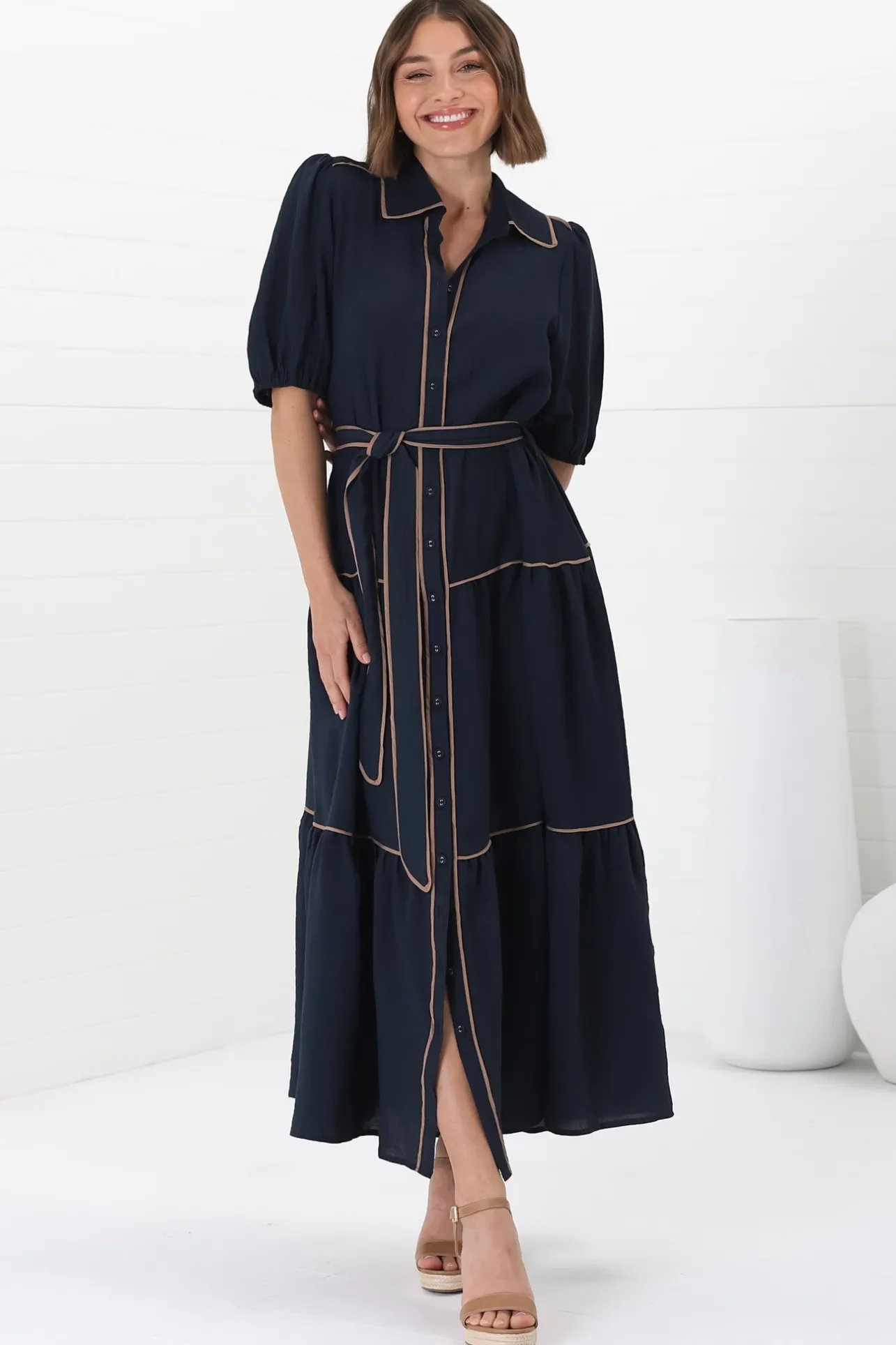Valencia Maxi Dress - Collared Tiered Button Down Dress with Contrast Trim in Navy>Salty Crush Clearance