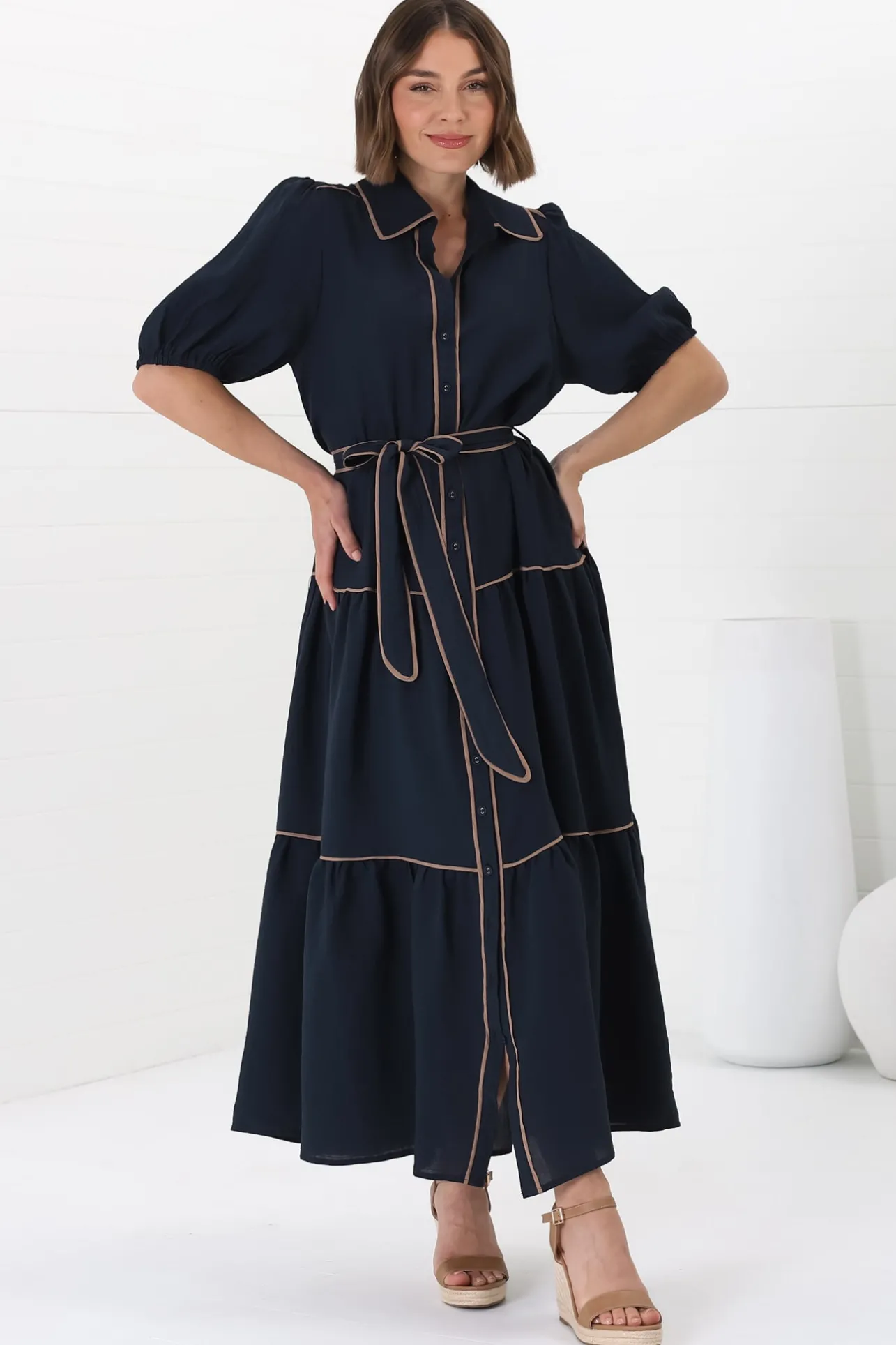 Valencia Maxi Dress - Collared Tiered Button Down Dress with Contrast Trim in Navy>Salty Crush Clearance