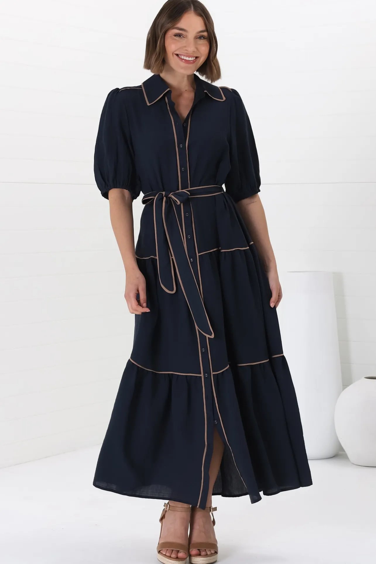 Valencia Maxi Dress - Collared Tiered Button Down Dress with Contrast Trim in Navy>Salty Crush Clearance