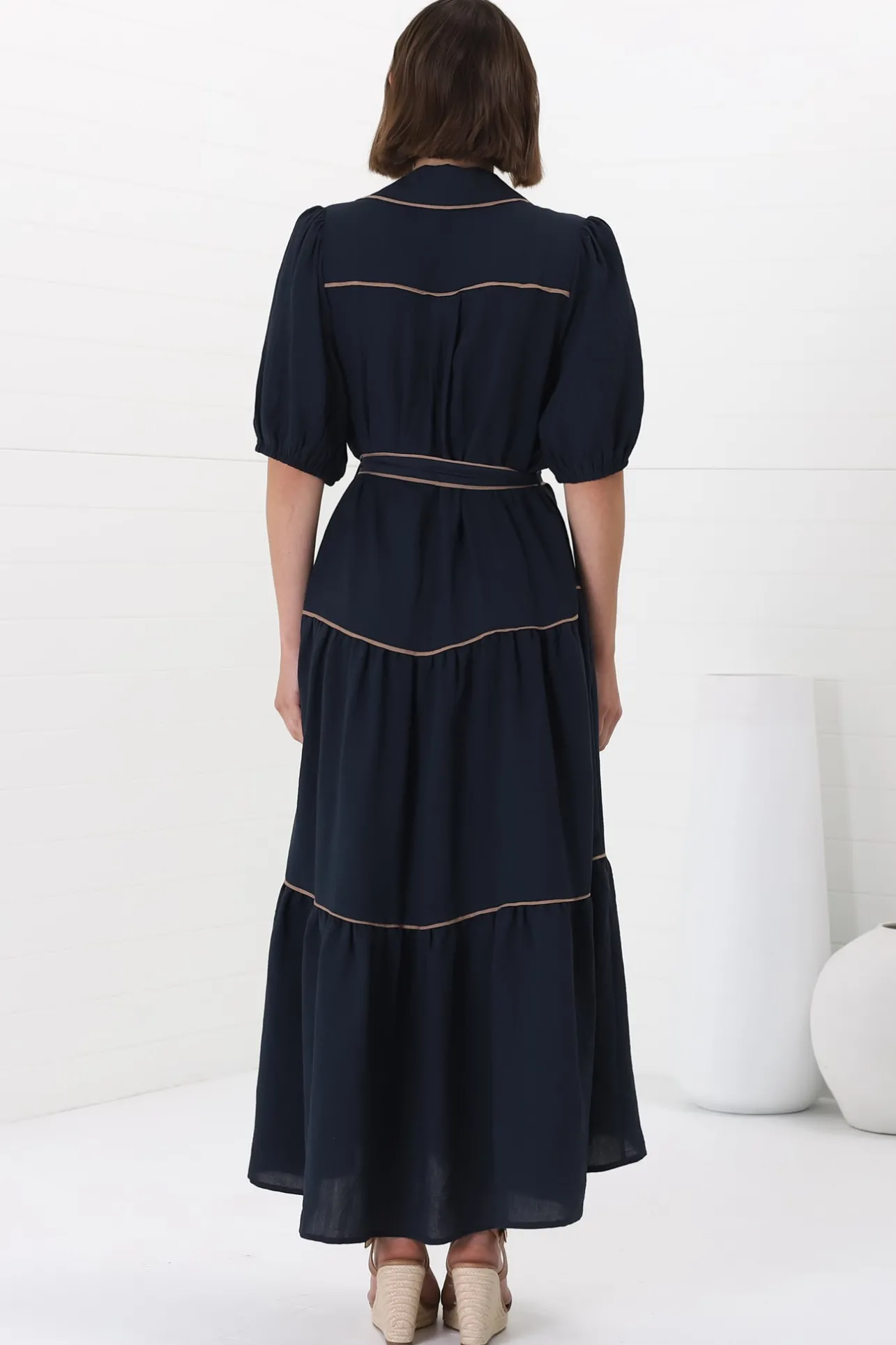 Valencia Maxi Dress - Collared Tiered Button Down Dress with Contrast Trim in Navy>Salty Crush Clearance