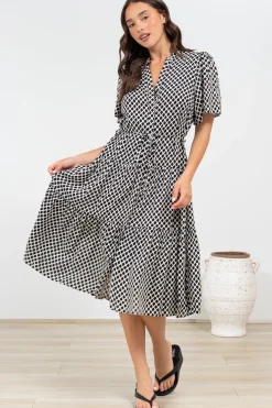 Vania Midi Dress - Tiered Buttoned Down Dress with Matching Belt in Hexy Print Black>Salty Crush Hot