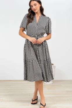 Vania Midi Dress - Tiered Buttoned Down Dress with Matching Belt in Hexy Print Black>Salty Crush Hot