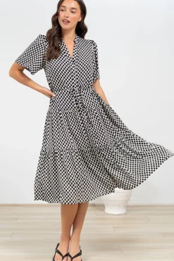 Vania Midi Dress - Tiered Buttoned Down Dress with Matching Belt in Hexy Print Black><noscript><img width=
