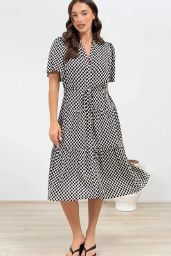 Vania Midi Dress - Tiered Buttoned Down Dress with Matching Belt in Hexy Print Black><noscript><img width=