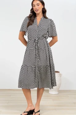 Vania Midi Dress - Tiered Buttoned Down Dress with Matching Belt in Hexy Print Black><noscript><img width=