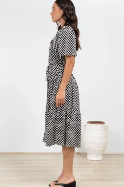 Vania Midi Dress - Tiered Buttoned Down Dress with Matching Belt in Hexy Print Black><noscript><img width=