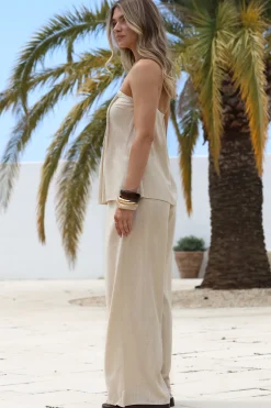 Vanity Two Piece Set - Strapless Pleated Top and Long Pants in Oatmeal><noscript><img width=