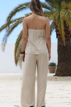Vanity Two Piece Set - Strapless Pleated Top and Long Pants in Oatmeal><noscript><img width=