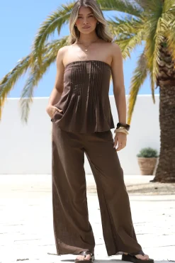 Vanity Two Piece Set - Strapless Pleated Top and Long Pants in Dark Chocolate>Salty Crush Sale