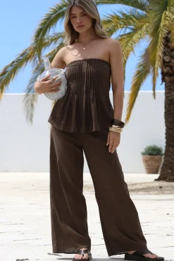 Vanity Two Piece Set - Strapless Pleated Top and Long Pants in Dark Chocolate><noscript><img width=