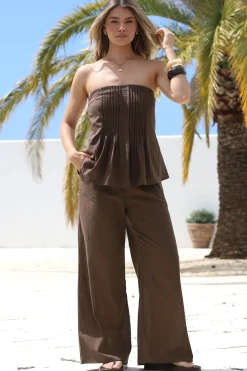 Vanity Two Piece Set - Strapless Pleated Top and Long Pants in Dark Chocolate><noscript><img width=
