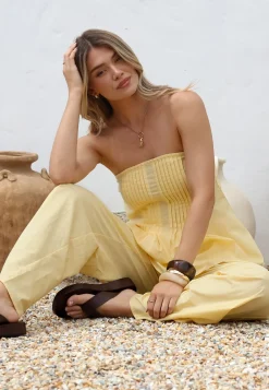Vanity Two Piece Set - Strapless Pleated Top and Long Pants in Lemon>Salty Crush Sale
