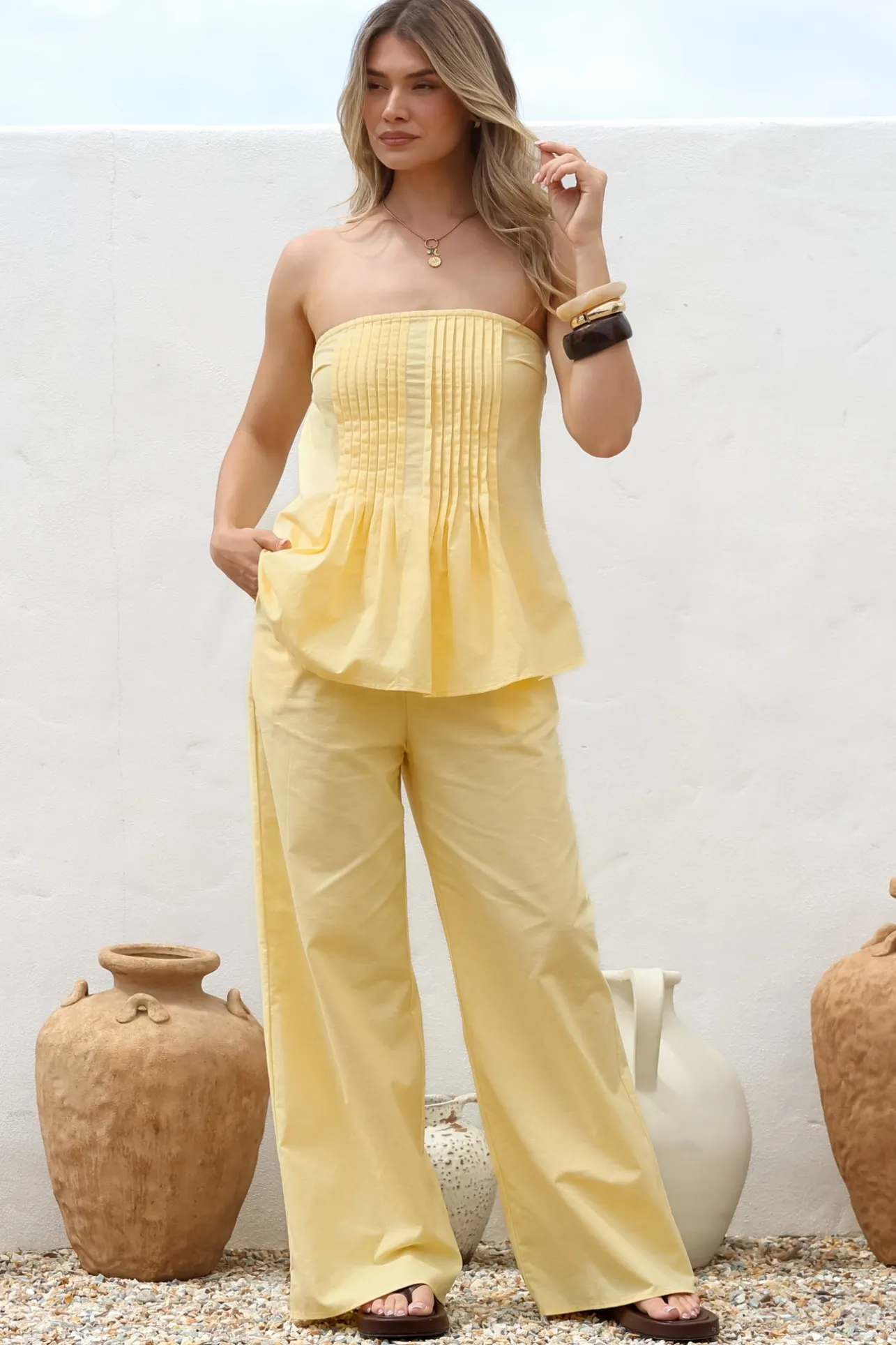 Vanity Two Piece Set - Strapless Pleated Top and Long Pants in Lemon>Salty Crush Sale