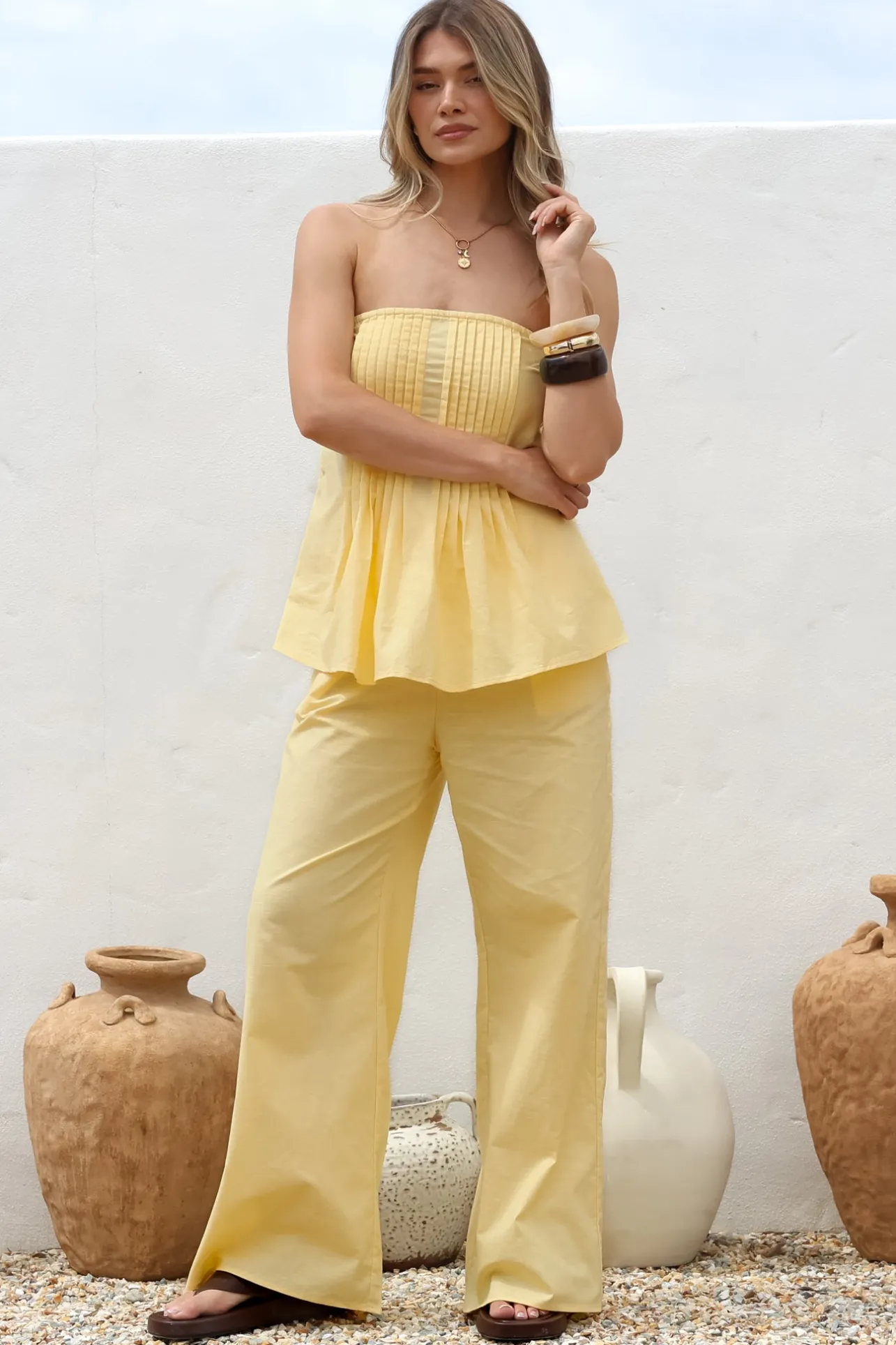 Vanity Two Piece Set - Strapless Pleated Top and Long Pants in Lemon>Salty Crush Sale
