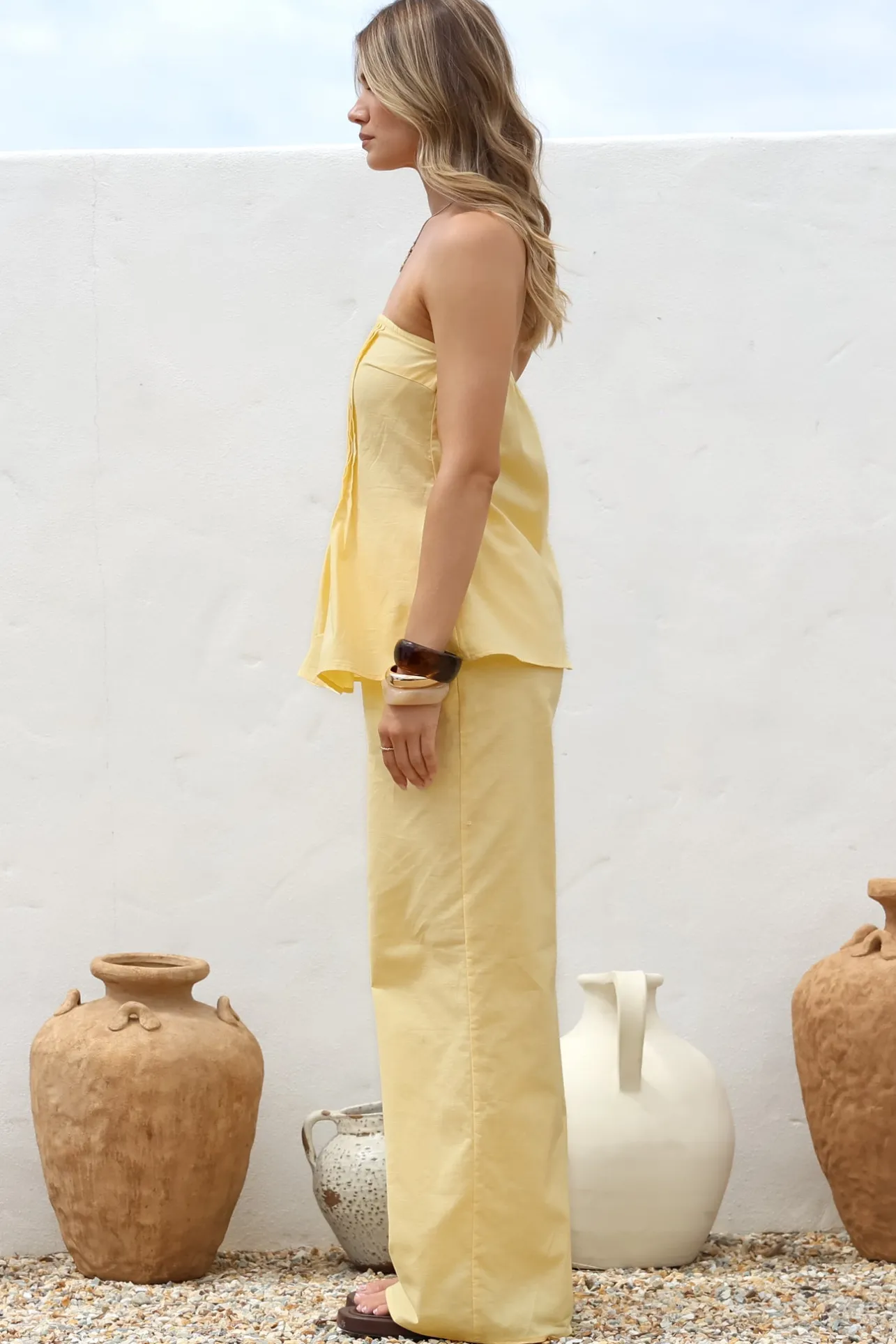 Vanity Two Piece Set - Strapless Pleated Top and Long Pants in Lemon>Salty Crush Sale