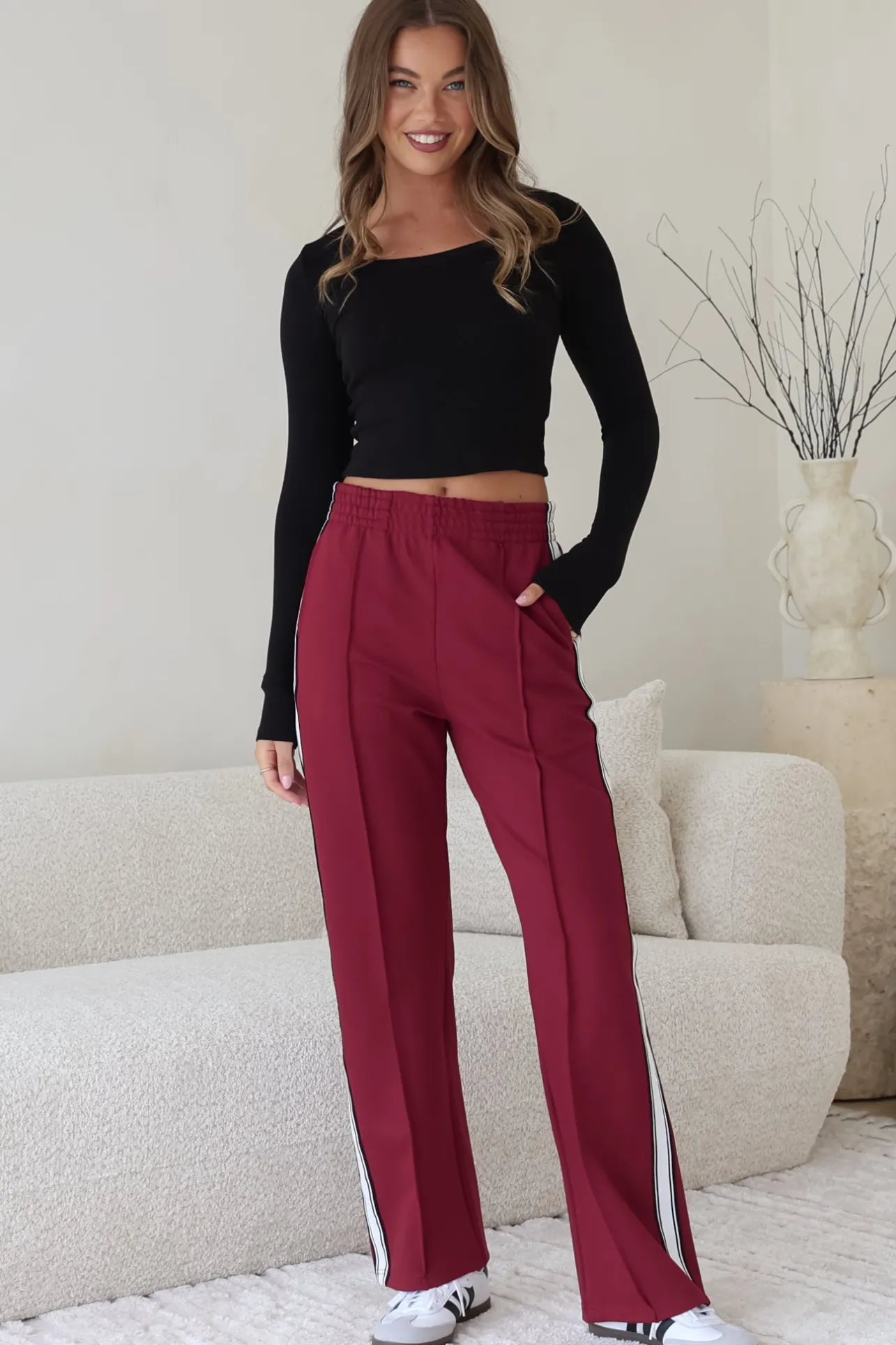 Victoria Pants - High Waisted Sports Stripe Side Seams in Wine>Salty Crush Online