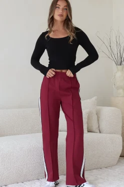 Victoria Pants - High Waisted Sports Stripe Side Seams in Wine><noscript><img width=