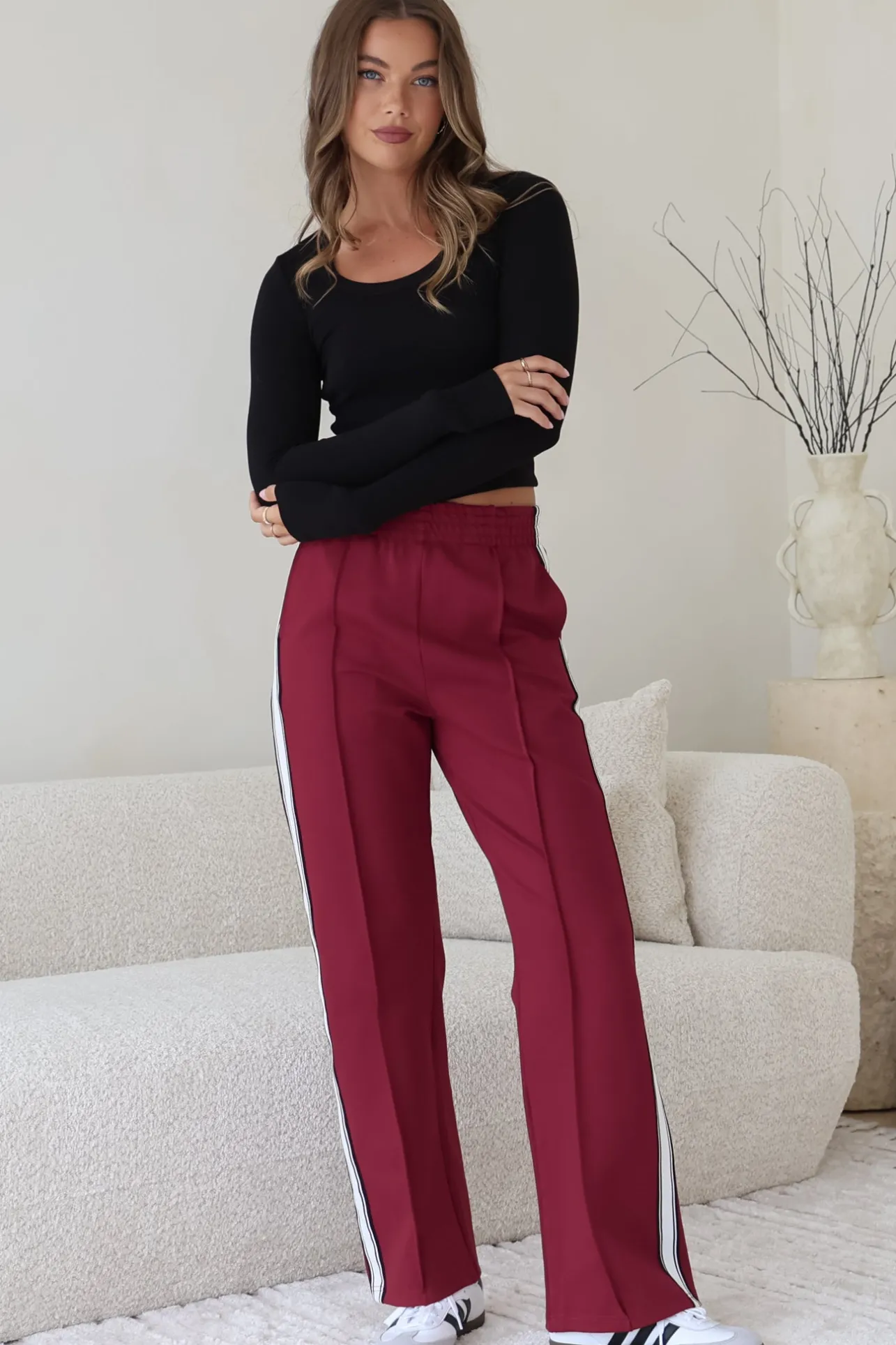 Victoria Pants - High Waisted Sports Stripe Side Seams in Wine>Salty Crush Online