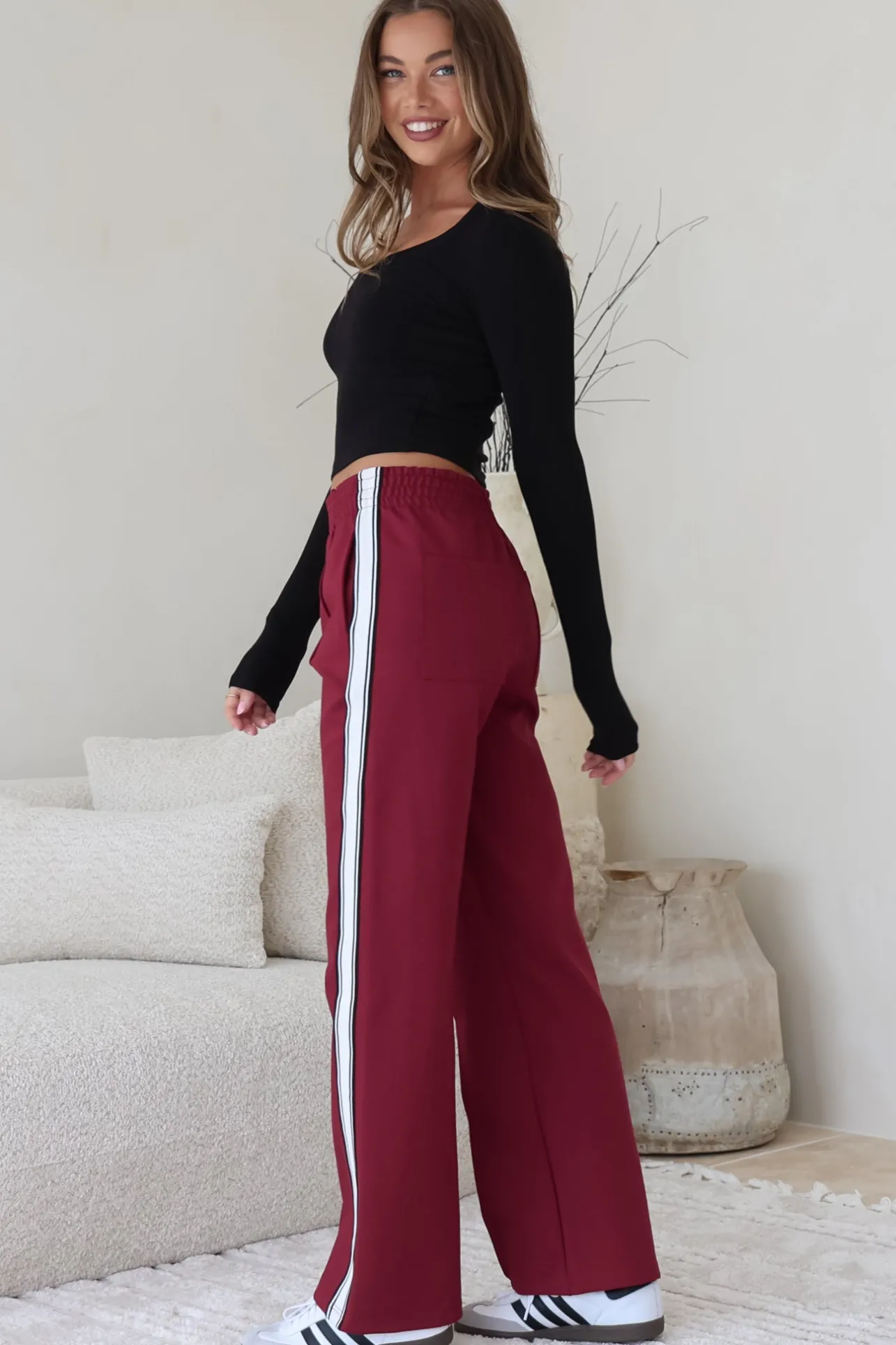 Victoria Pants - High Waisted Sports Stripe Side Seams in Wine>Salty Crush Online