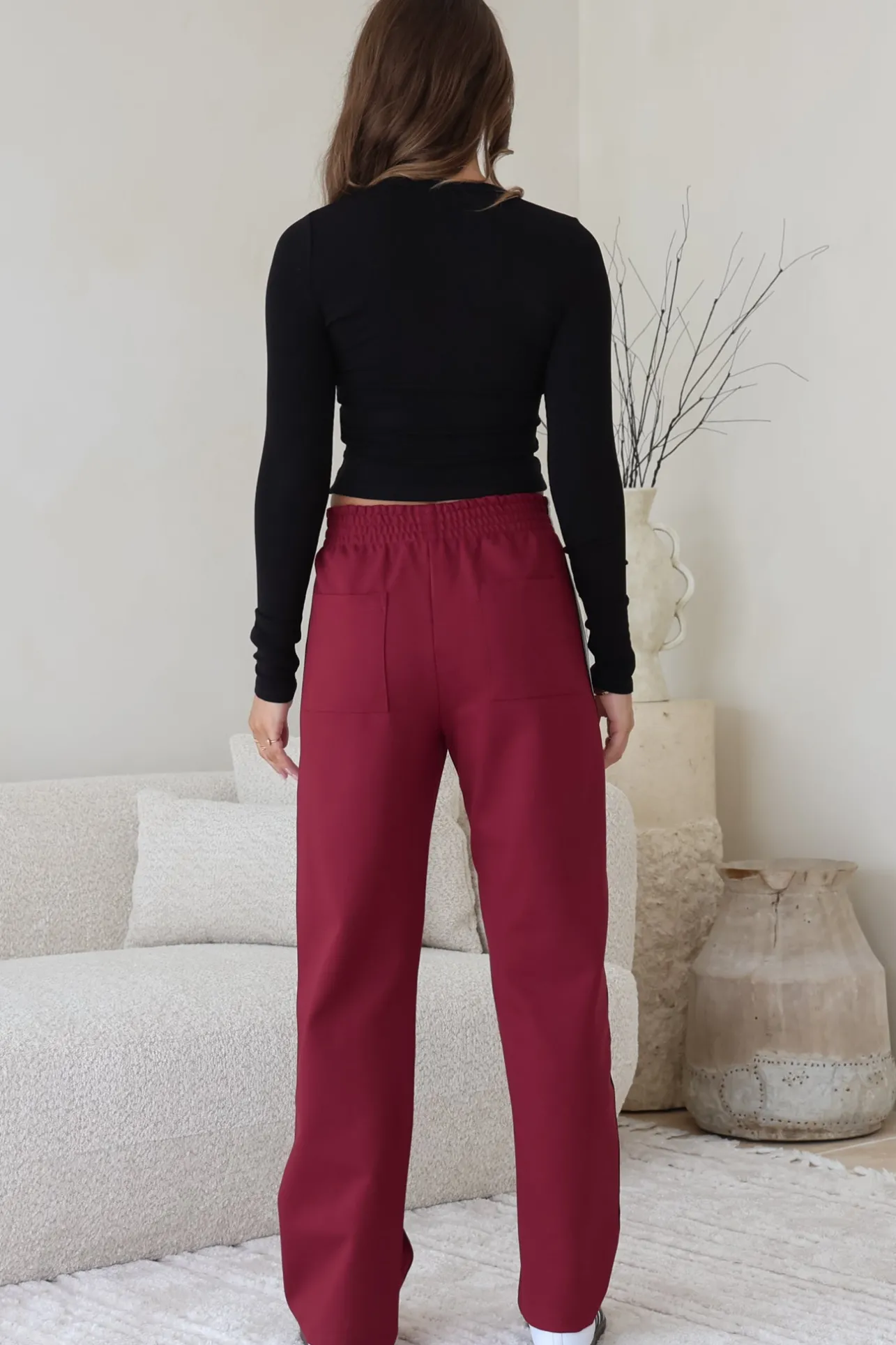 Victoria Pants - High Waisted Sports Stripe Side Seams in Wine>Salty Crush Online