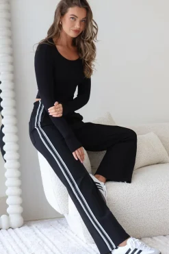 Victoria Pants - High Waisted Sports Stripe Side Seams in Black>Salty Crush