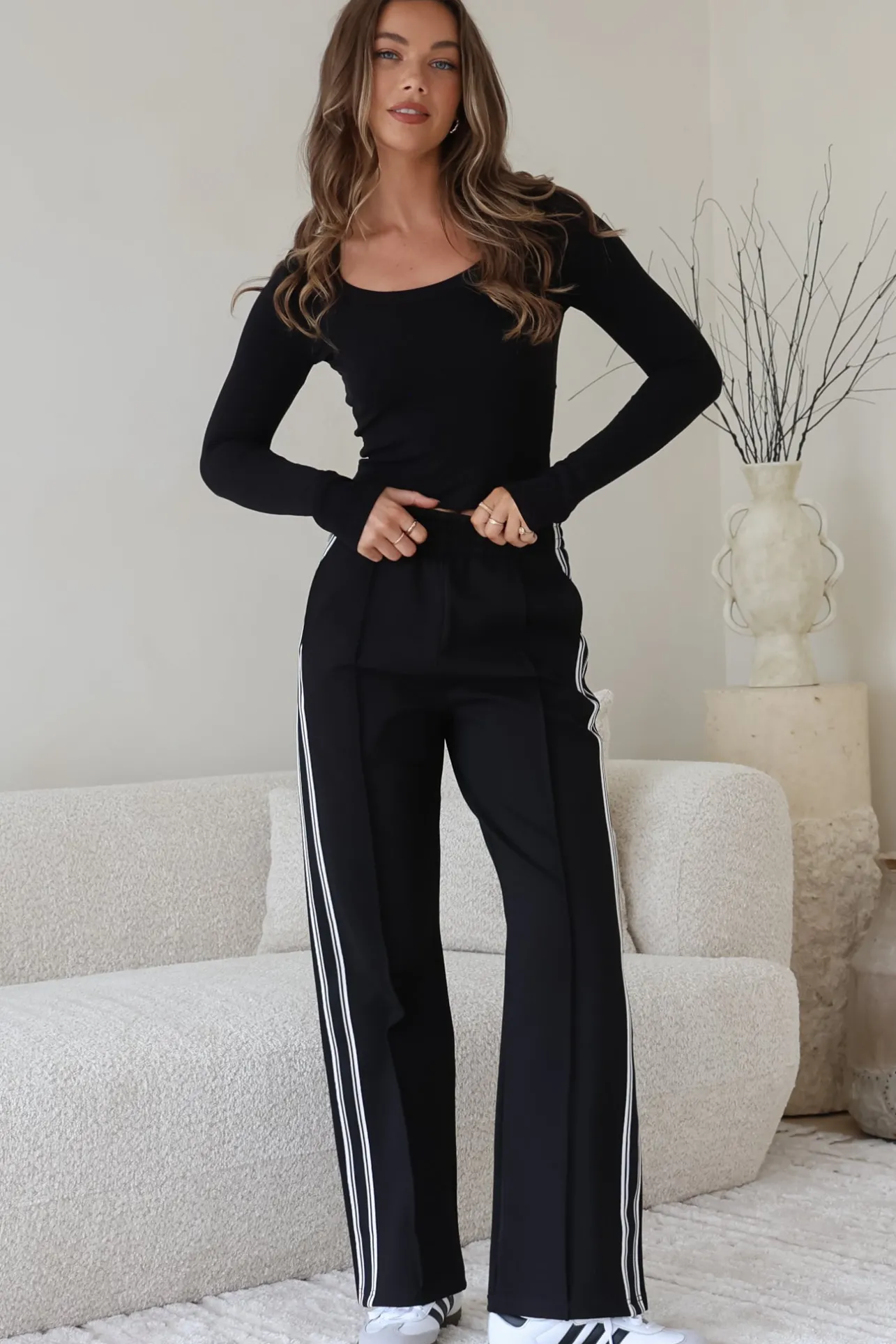 Victoria Pants - High Waisted Sports Stripe Side Seams in Black>Salty Crush