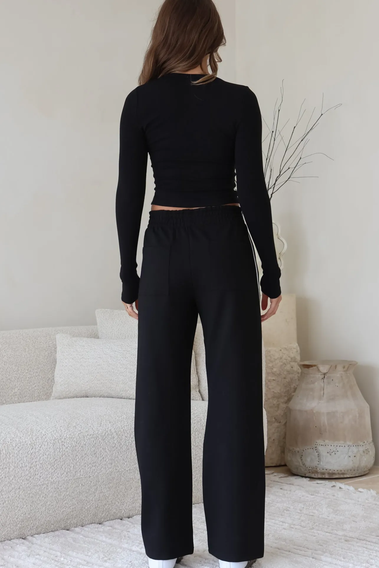 Victoria Pants - High Waisted Sports Stripe Side Seams in Black>Salty Crush