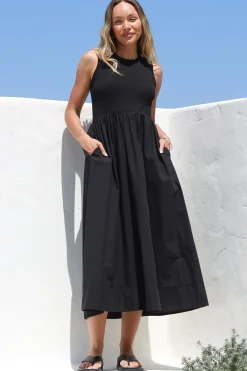 Vikki Midi Dress - Jersey Bodice Sleeveless A-Line Dress in Black>Salty Crush Outlet