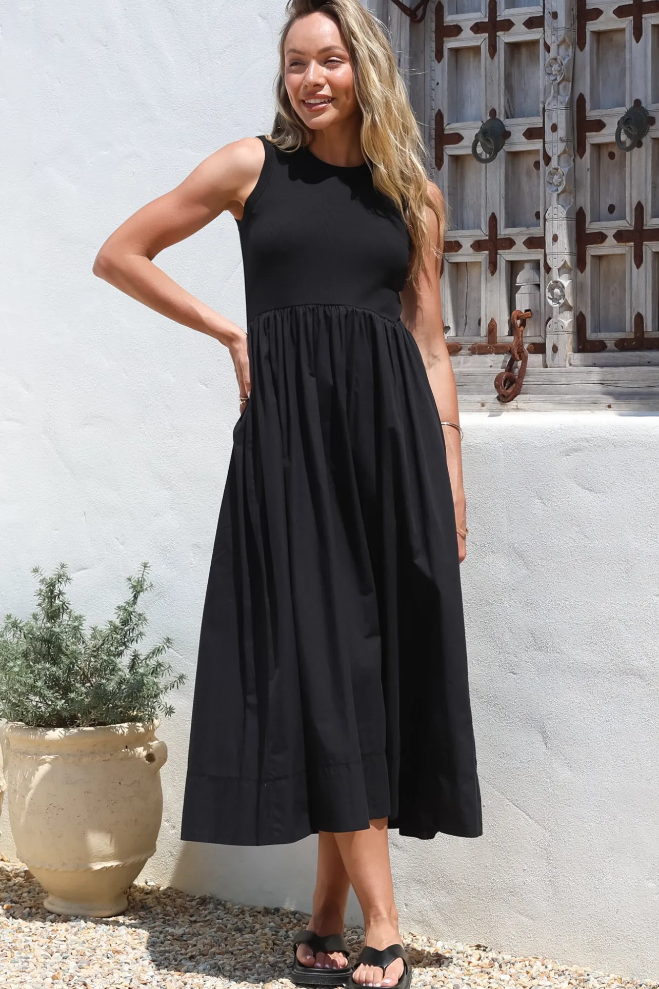 Vikki Midi Dress - Jersey Bodice Sleeveless A-Line Dress in Black>Salty Crush Outlet