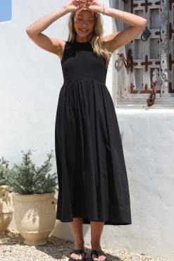 Vikki Midi Dress - Jersey Bodice Sleeveless A-Line Dress in Black><noscript><img width=
