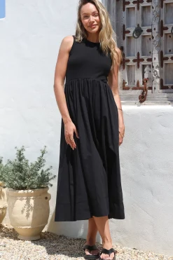 Vikki Midi Dress - Jersey Bodice Sleeveless A-Line Dress in Black><noscript><img width=