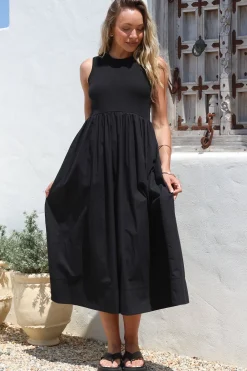 Vikki Midi Dress - Jersey Bodice Sleeveless A-Line Dress in Black><noscript><img width=