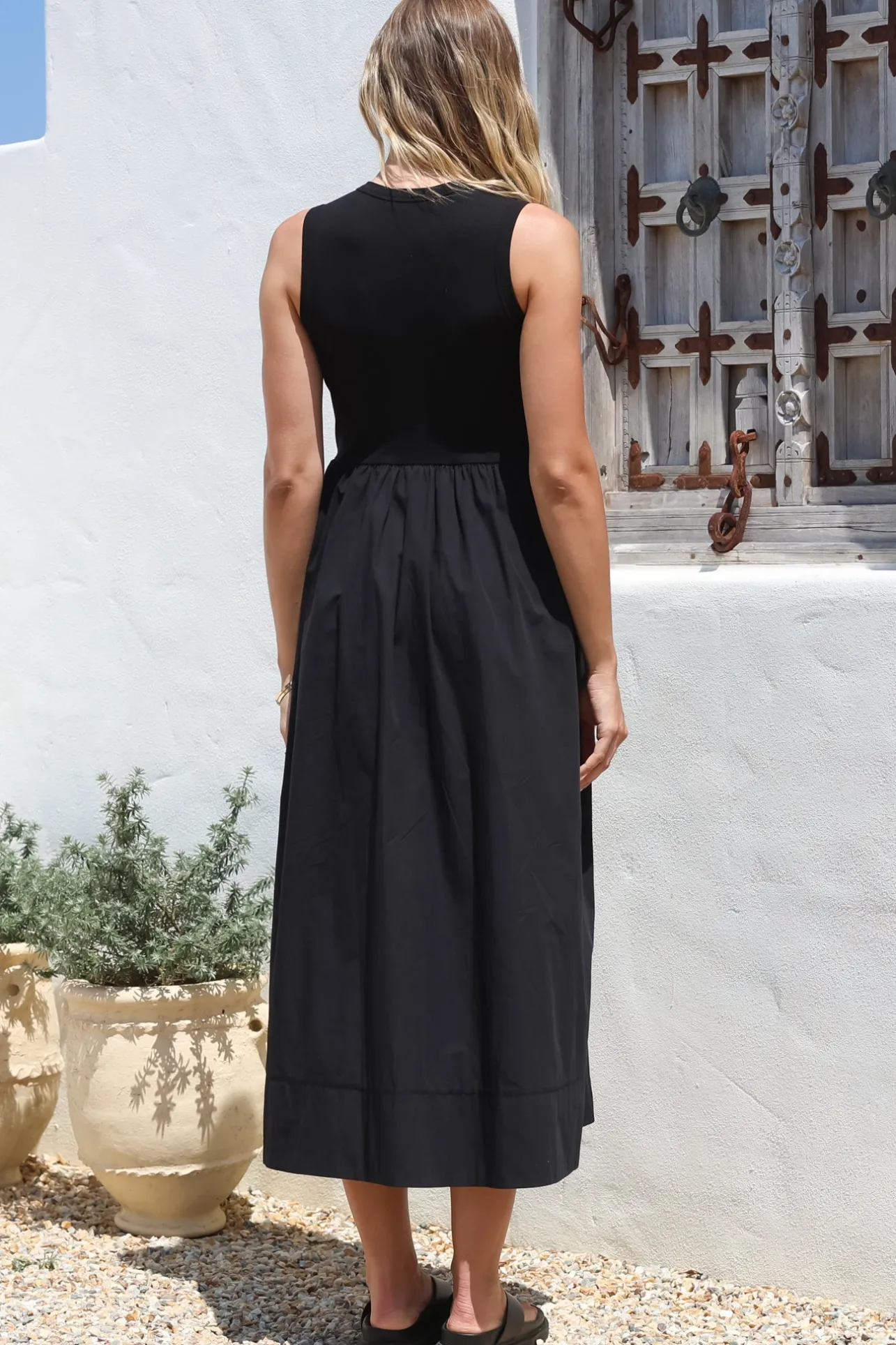 Vikki Midi Dress - Jersey Bodice Sleeveless A-Line Dress in Black>Salty Crush Outlet
