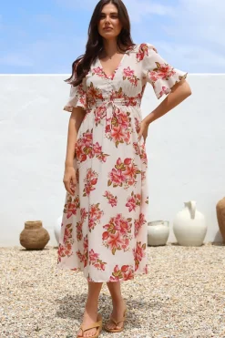 Vinnie Midi Dress - V-Neck Dress with Short Flutter Sleeves in Rosita Print>Salty Crush Clearance