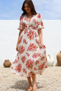 Vinnie Midi Dress - V-Neck Dress with Short Flutter Sleeves in Rosita Print>Salty Crush Clearance