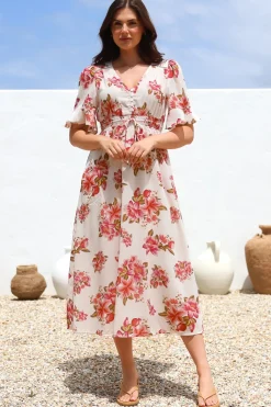 Vinnie Midi Dress - V-Neck Dress with Short Flutter Sleeves in Rosita Print><noscript><img width=