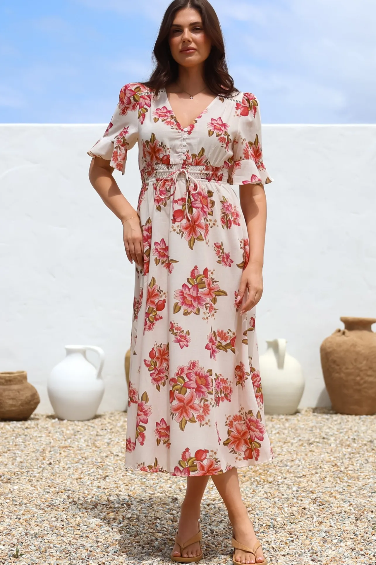 Vinnie Midi Dress - V-Neck Dress with Short Flutter Sleeves in Rosita Print>Salty Crush Clearance