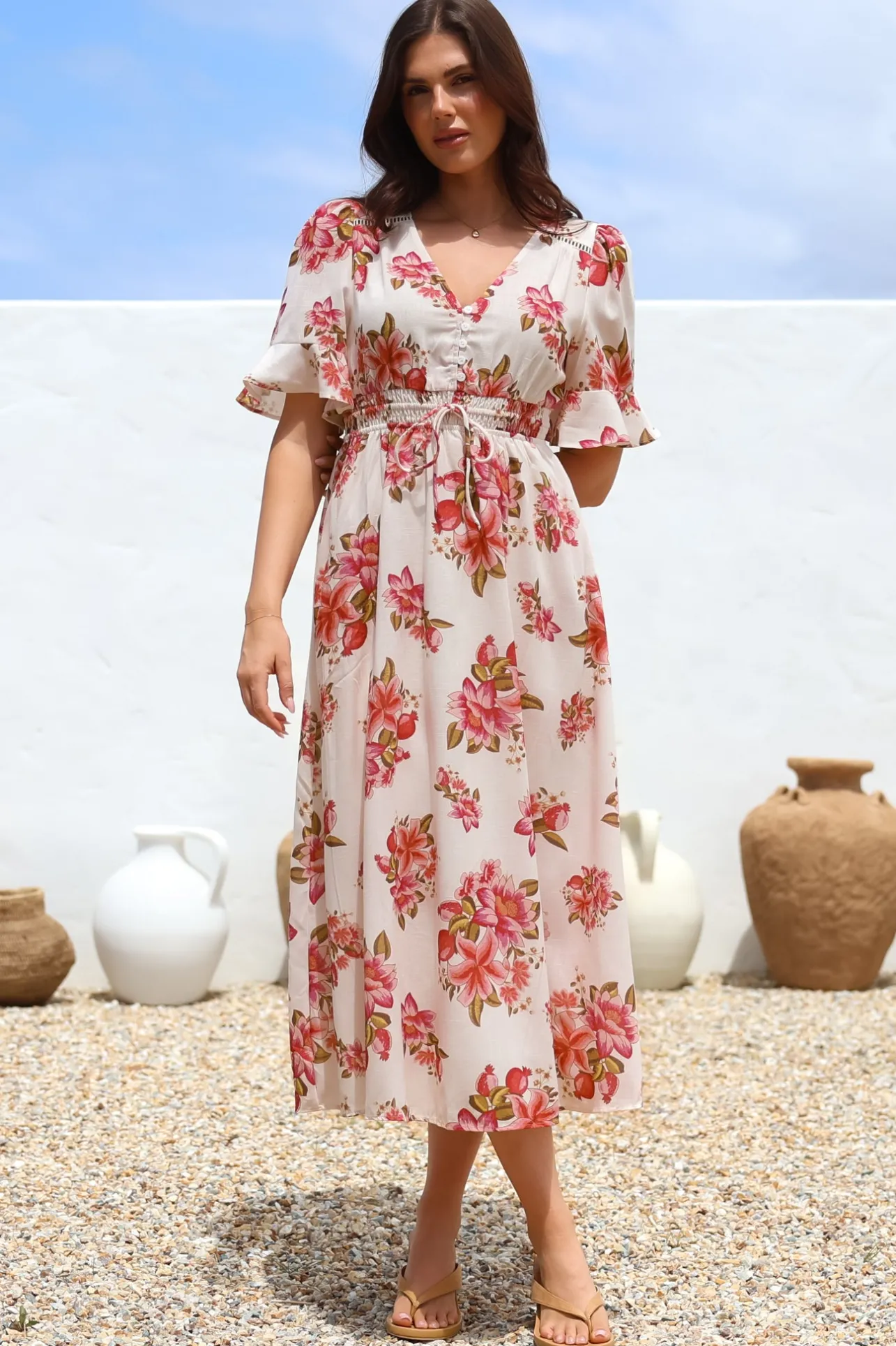Vinnie Midi Dress - V-Neck Dress with Short Flutter Sleeves in Rosita Print>Salty Crush Clearance