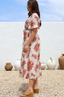 Vinnie Midi Dress - V-Neck Dress with Short Flutter Sleeves in Rosita Print><noscript><img width=