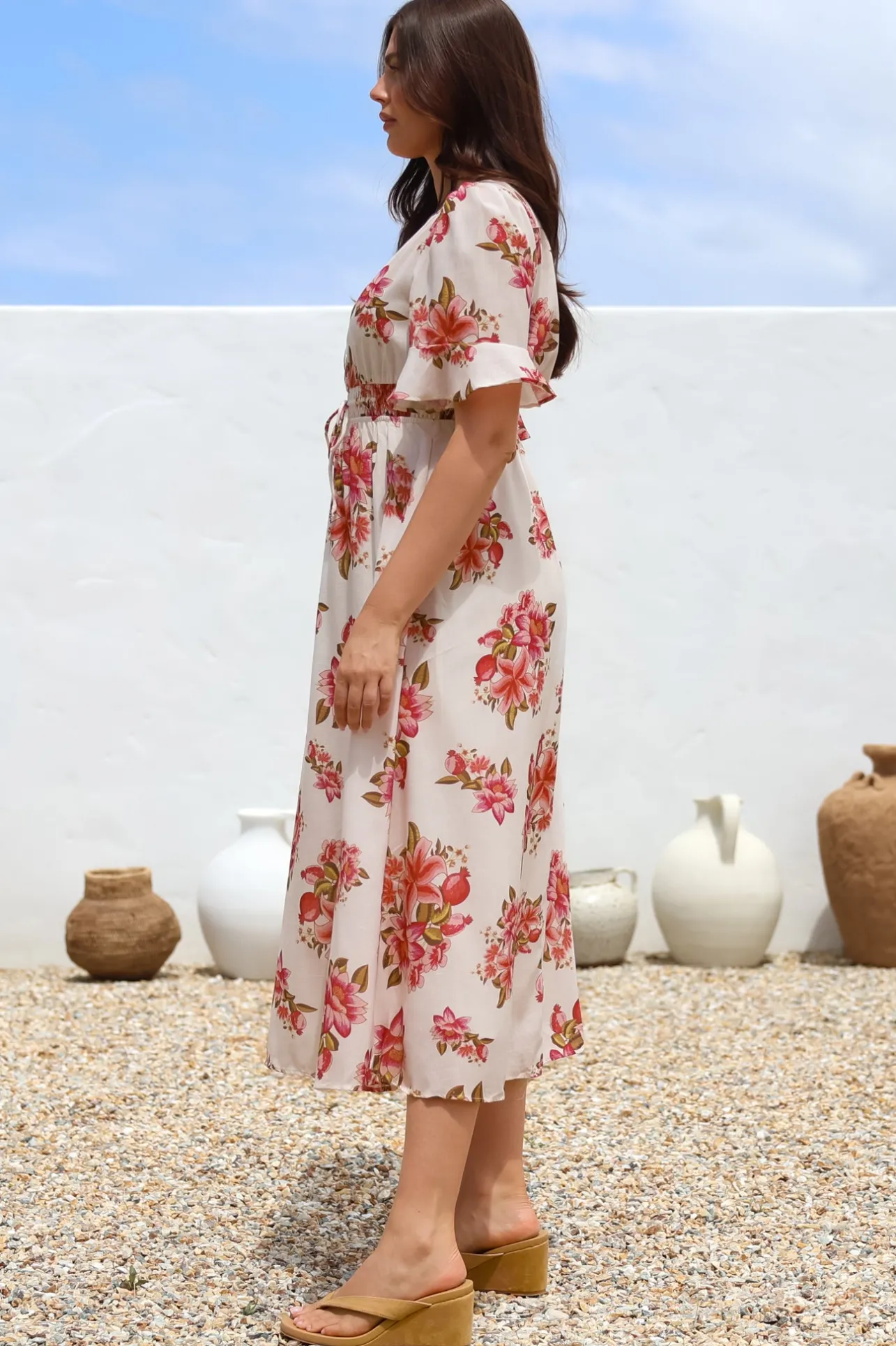 Vinnie Midi Dress - V-Neck Dress with Short Flutter Sleeves in Rosita Print>Salty Crush Clearance