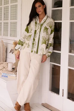 Viola Blouse - Collared Lace Spliced Button Down Blouse in Emery Print>Jaase Discount