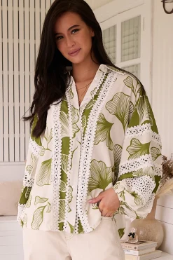 Viola Blouse - Collared Lace Spliced Button Down Blouse in Emery Print><noscript><img width=