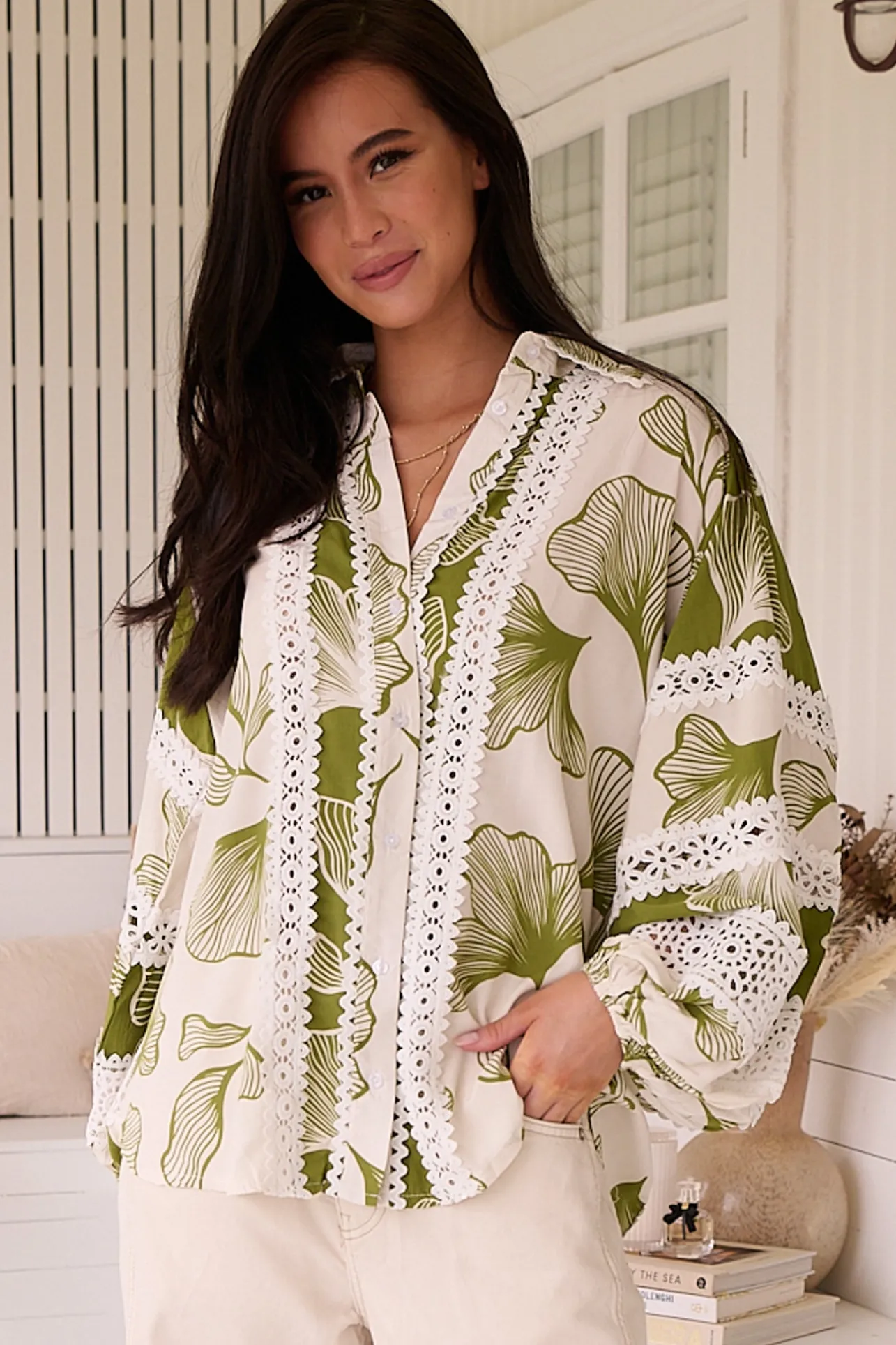 Viola Blouse - Collared Lace Spliced Button Down Blouse in Emery Print>Jaase Discount