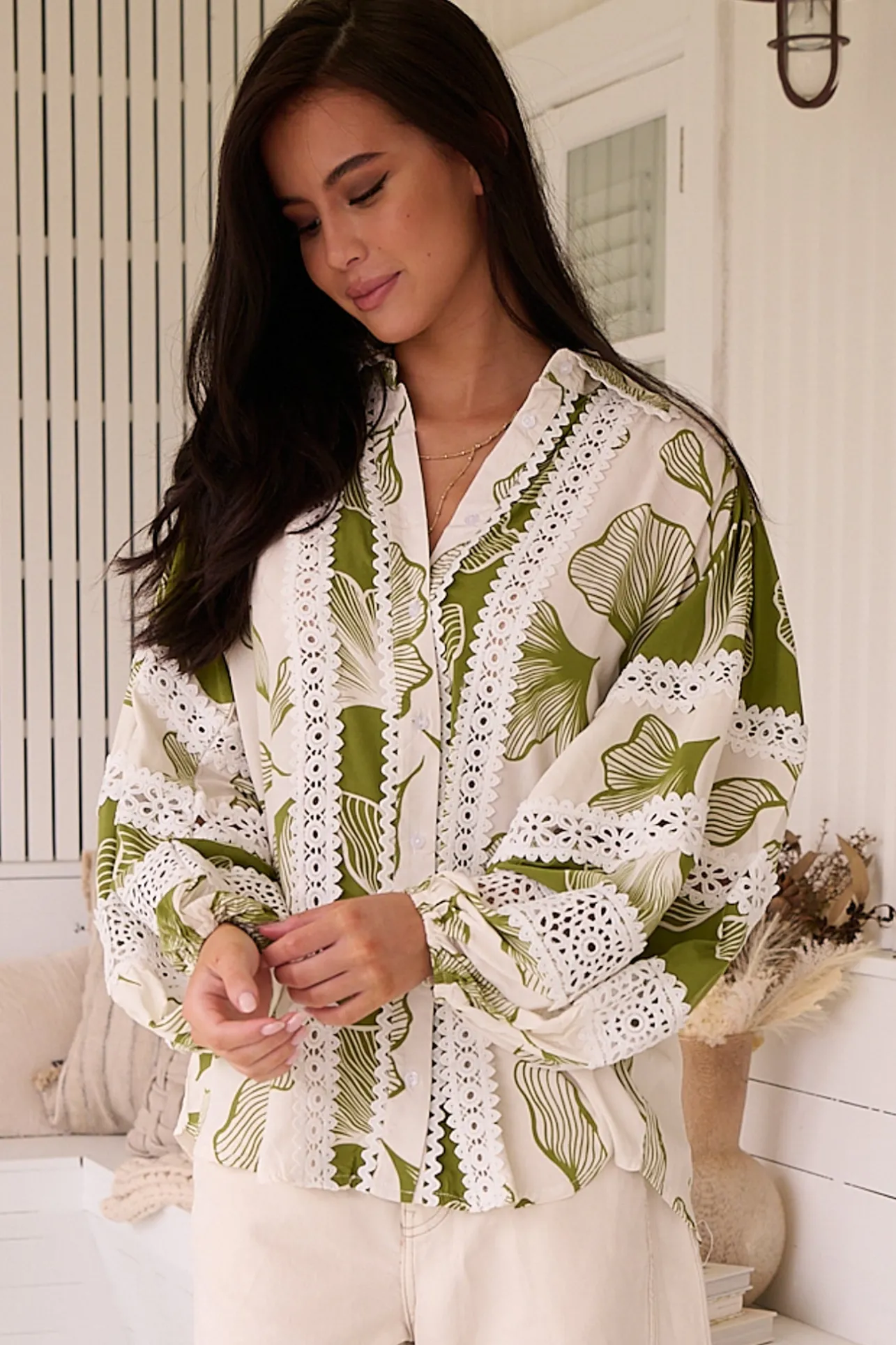 Viola Blouse - Collared Lace Spliced Button Down Blouse in Emery Print>Jaase Discount