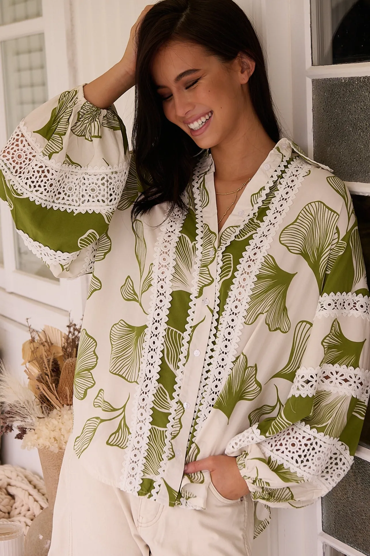 Viola Blouse - Collared Lace Spliced Button Down Blouse in Emery Print>Jaase Discount